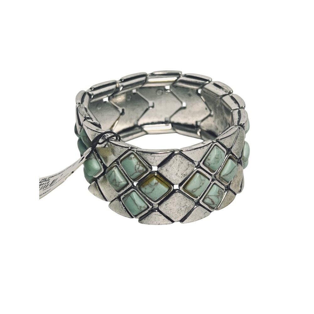Fossil Silver Tone And Turquois Stretch Bracelet Signed (6241) - Picture 6 of 7